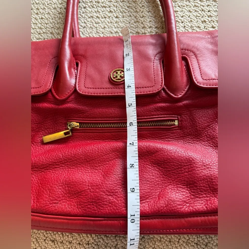 Tory Burch Edye Satchel Purse Shoulder Bag Red Leather Gold Classic Pebbled - Image 6