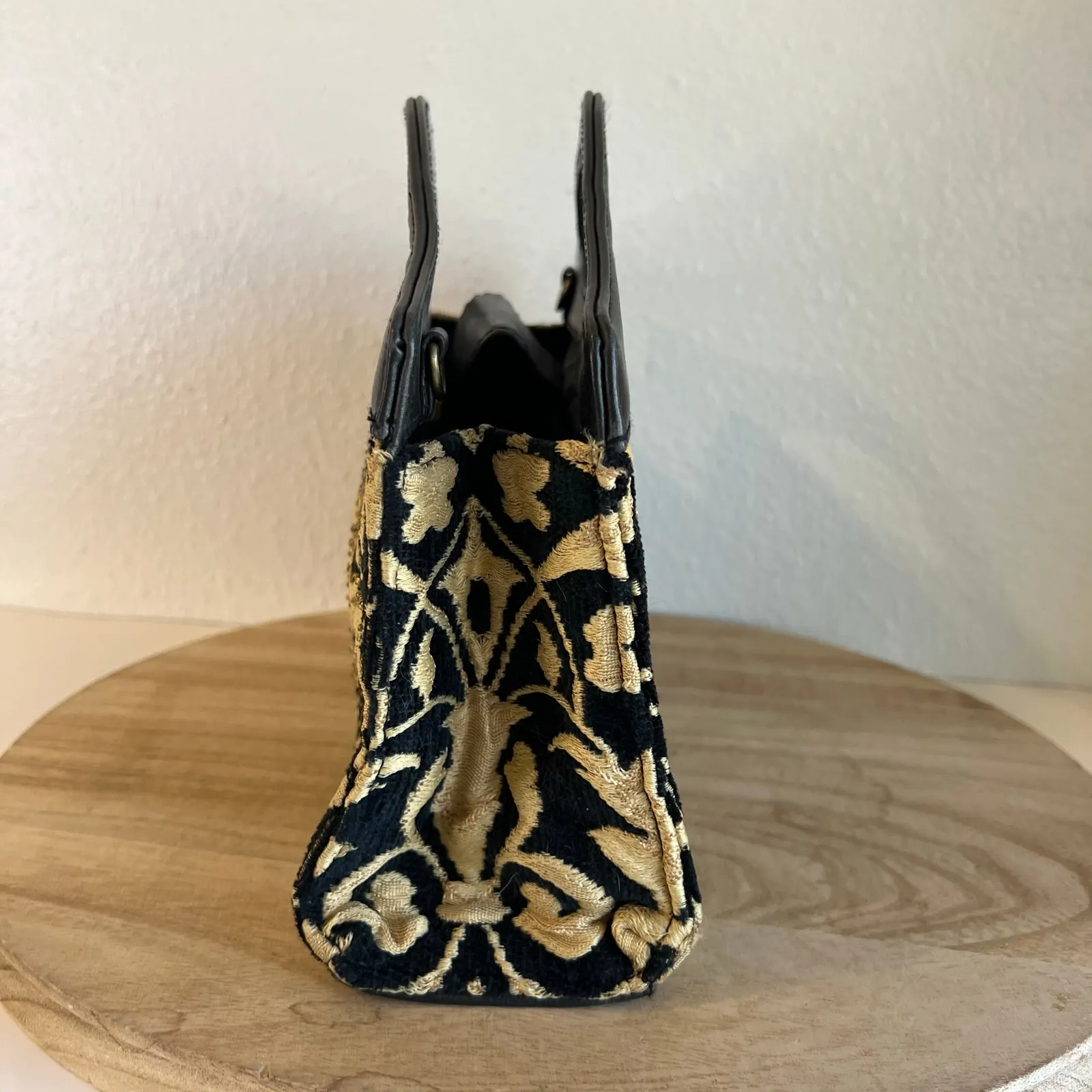 Vintage 90s Black Leather Victorian Tapestry Beaded Top Handle Small Bag - Image 14