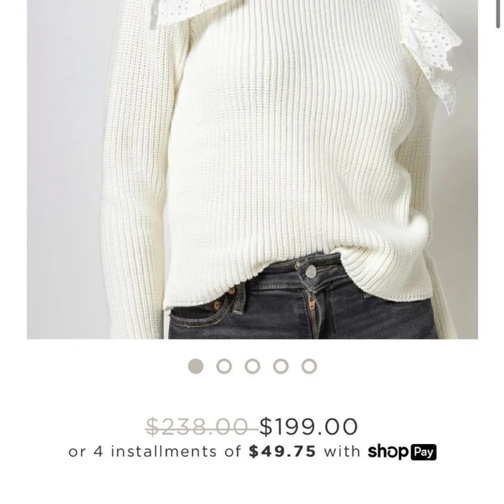 LILLA P Eyelet Ruffle Shoulder Trimmed Crew Neck Ribbed Sweater White Size L Size L - Image 8