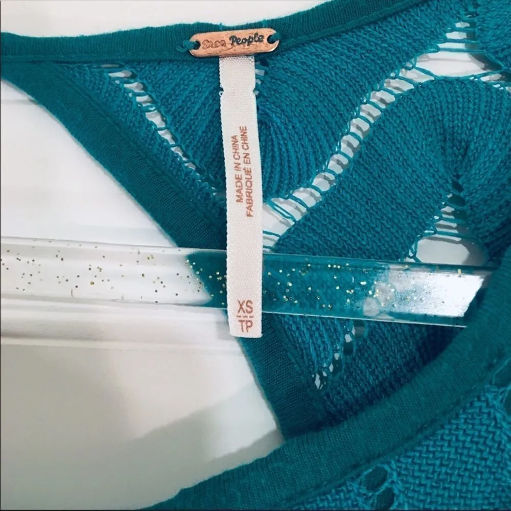 Free People Wild Thing Crochet Lace Turquoise Long Sleeve Mini Dress - Image 4