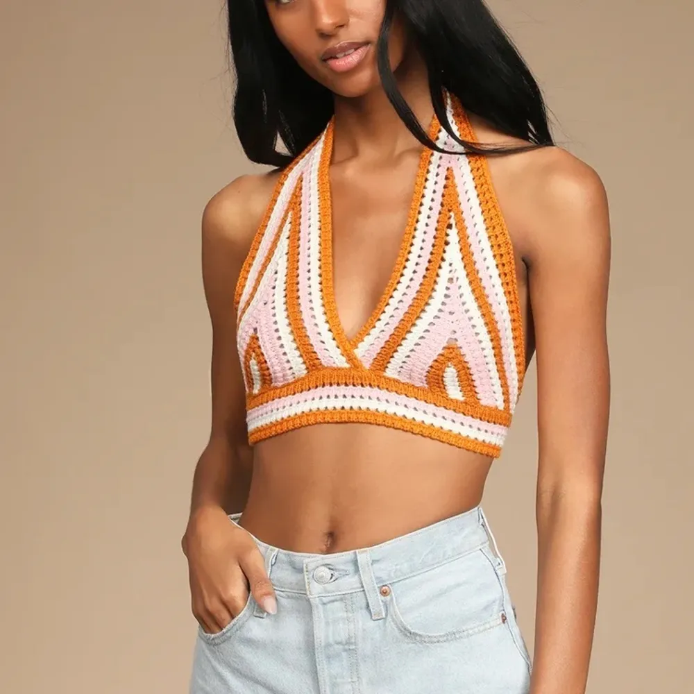 LULUS Groovy Vibes Cream Multi Knit Halter Cropped Sweater Crochet Tank Top - Image 2