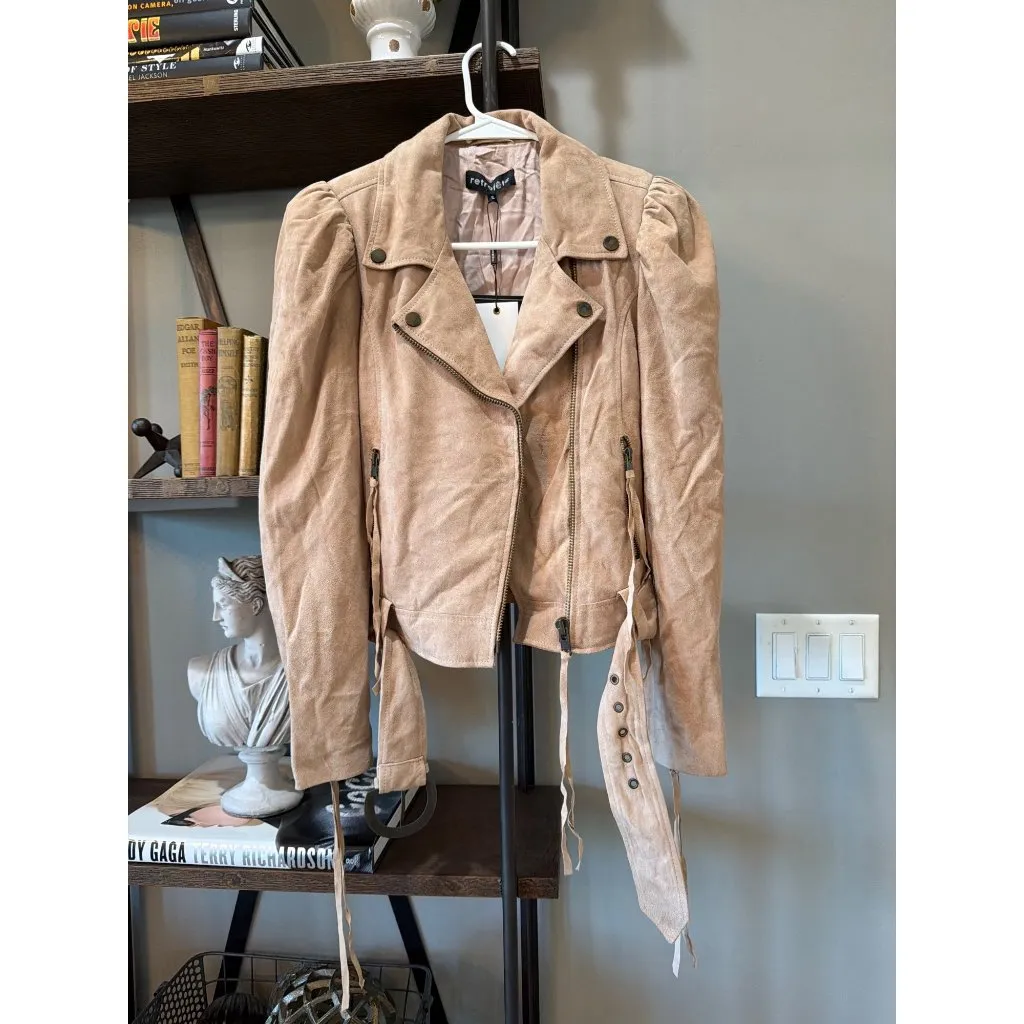 retrofete Tai Suede Moto Jacket Hummus Womens Size Small Tan - Image 5