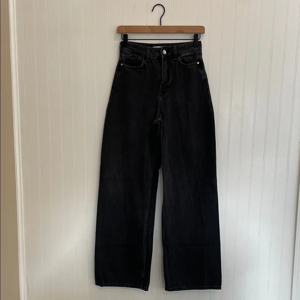 ZARA High Rise Wide Leg Cotton Denim Jeans in Washed Black Size 2 - Image 6