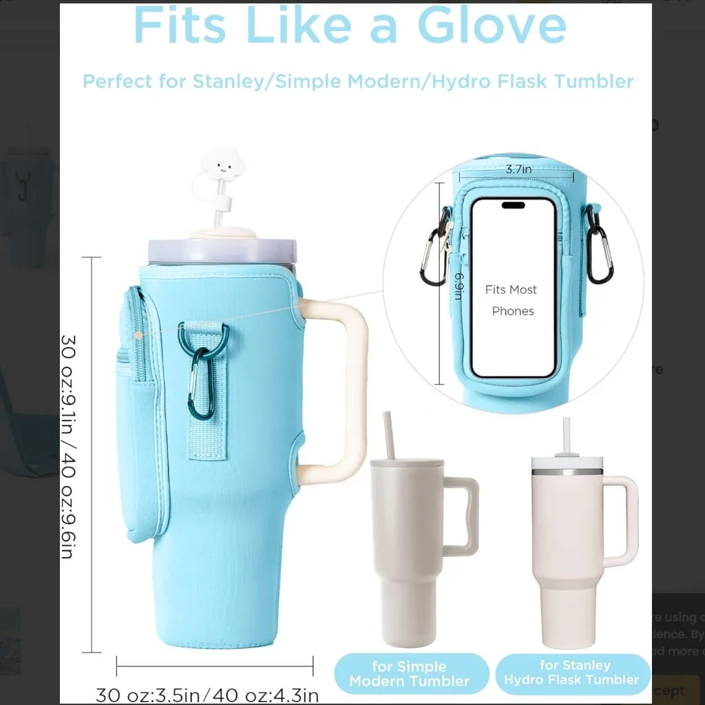 Dabria Water Bottle Carrier Bag w/ Phone Pocket Stanley 40oz Tumbler Neoprene Bl Blue - Image 3