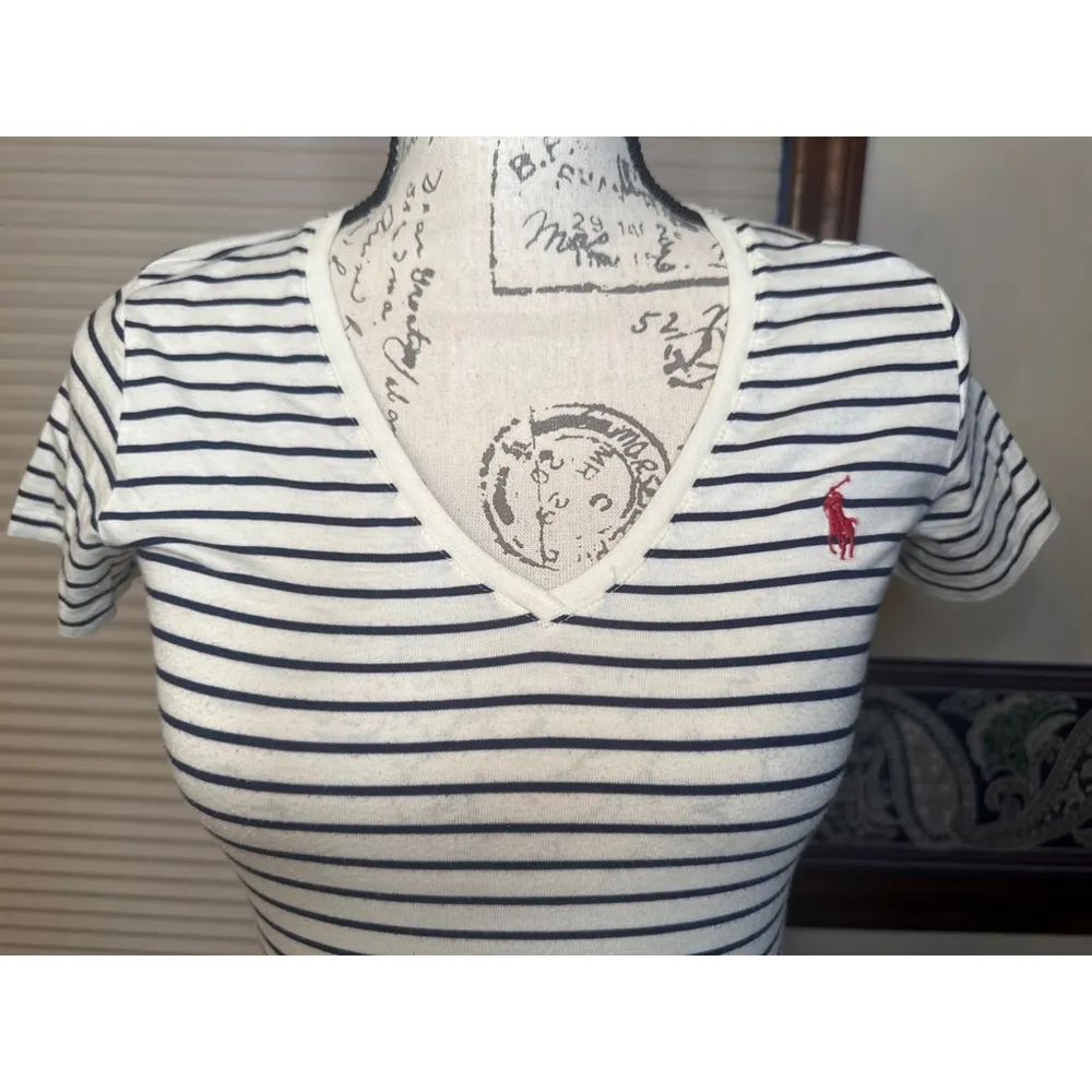 Ralph Lauren Sport Small White & Navy Blue VNeck TShirt - Image 5