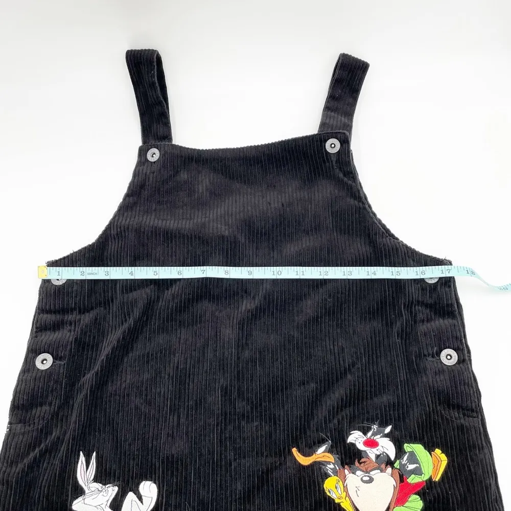 Vintage 90s Y2K Warner Brothers Looney Tunes Black Corduroy Overall Mini Dress - Image 9