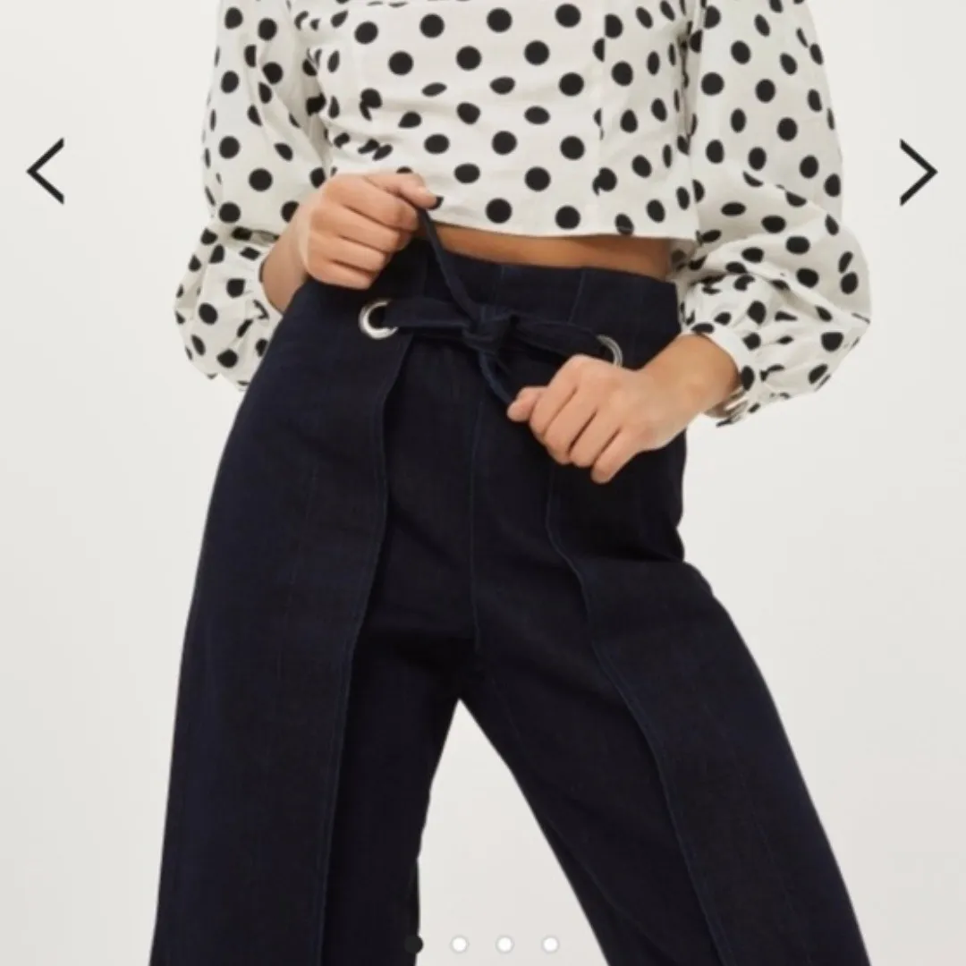 Topshop | 100% Cotton Wide Leg Ankle High Waisted Tie Denim Jeans Dark Wash Blue - Image 2