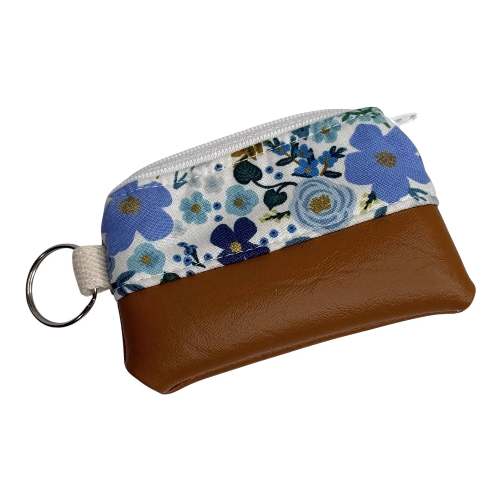 Vegan Leather Floral Mini Coin Purse Zip Pouch Key Ring Ear Bud Case 4" Bag Blue - Image 2