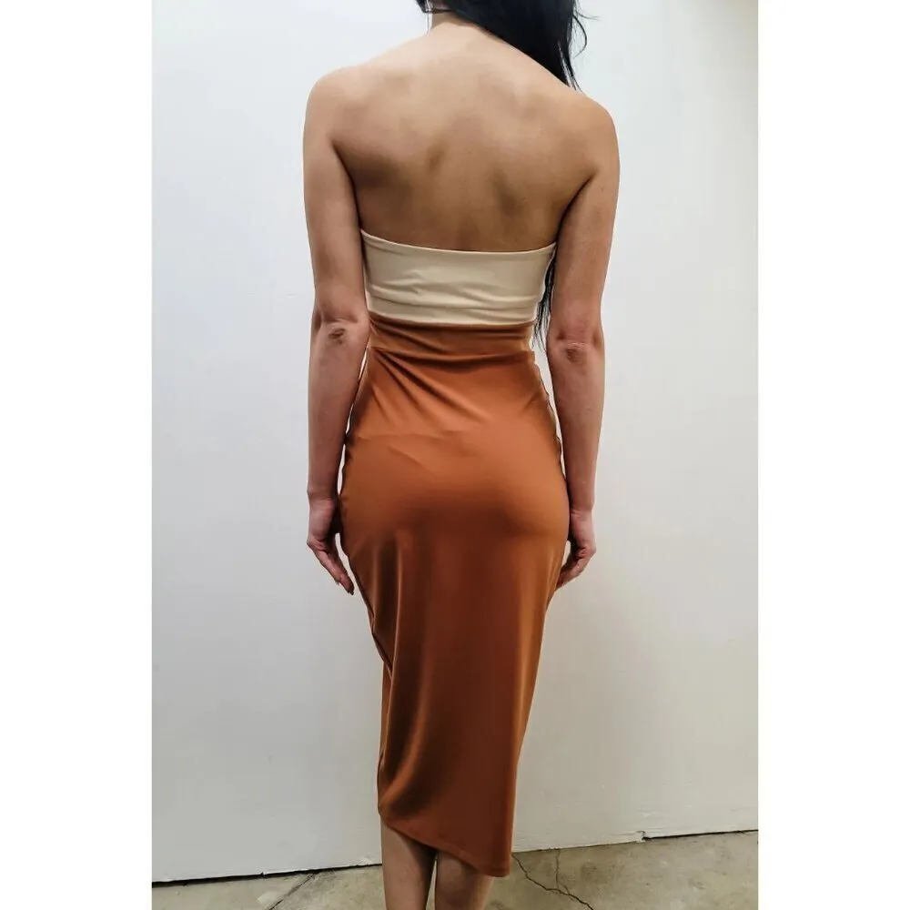 SUSANA MONACO Colorblock Cutout Detail Tube Midi Dress in Toffee Size X-Small - Image 2