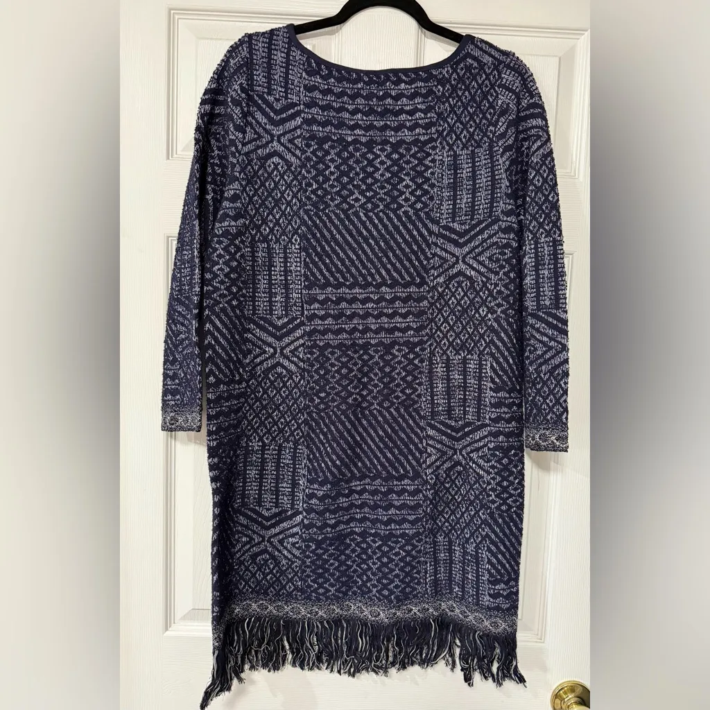 Lucky Brand Fringe Jacquard Mini Sweater Dress Long Sleeves Navy Size L NWT - Image 3