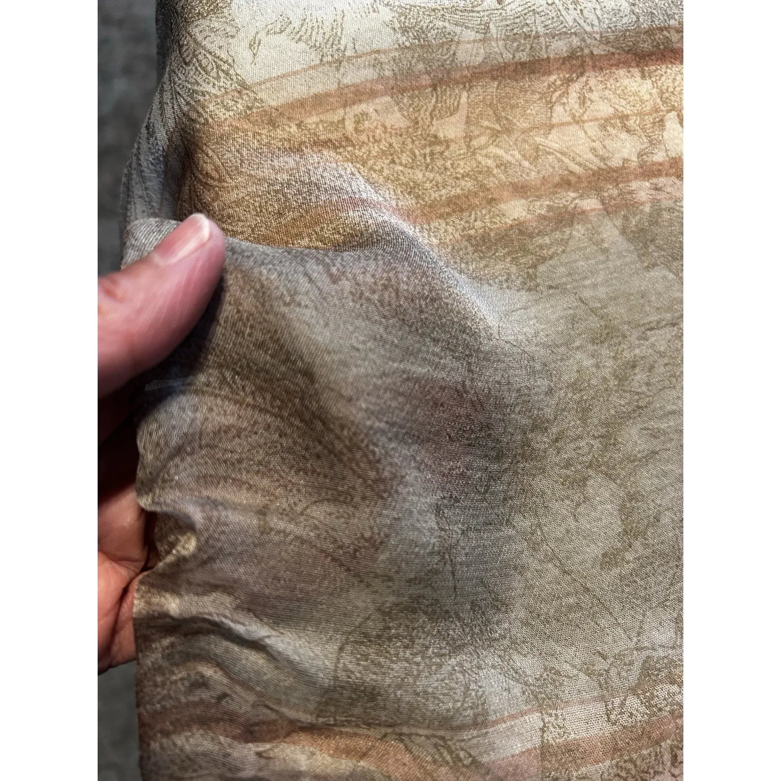 Romantic Floral Italian Silk Scarf Brown Beige Sheer 100% Silk 58x16 - Image 6