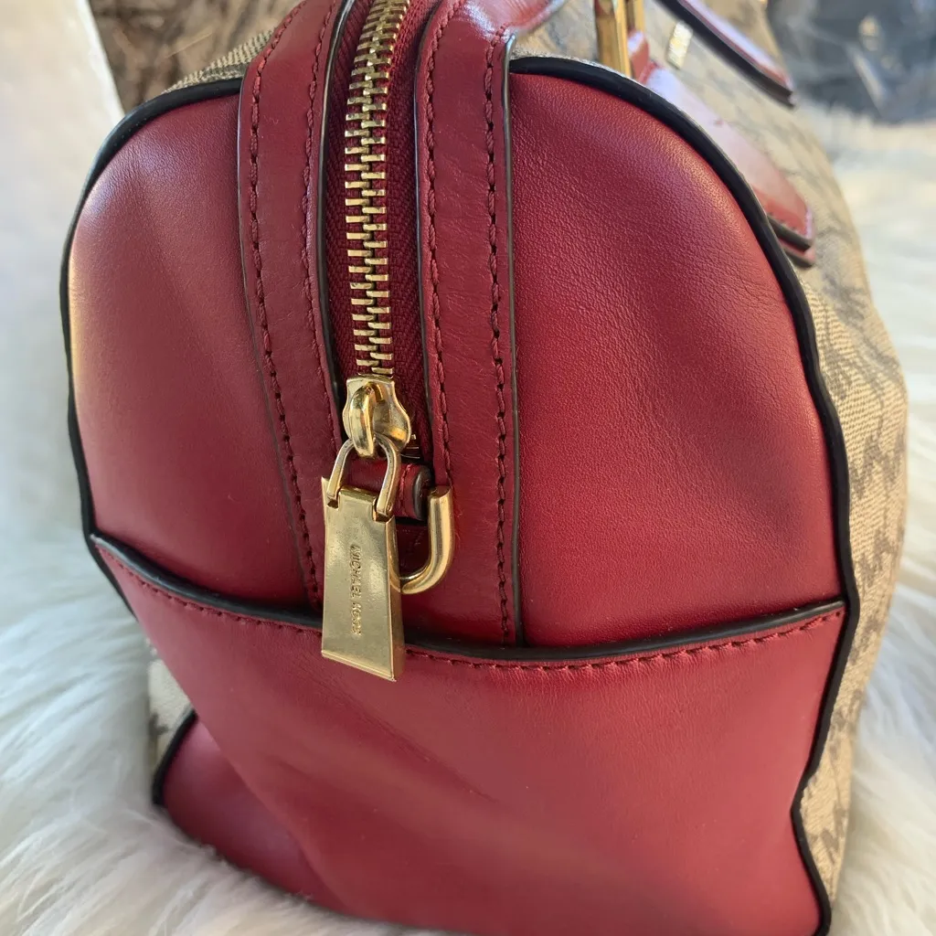 Michael Kors Mercer Medium Duffle Satchel  Cherry Red/Tan Leather - Image 6