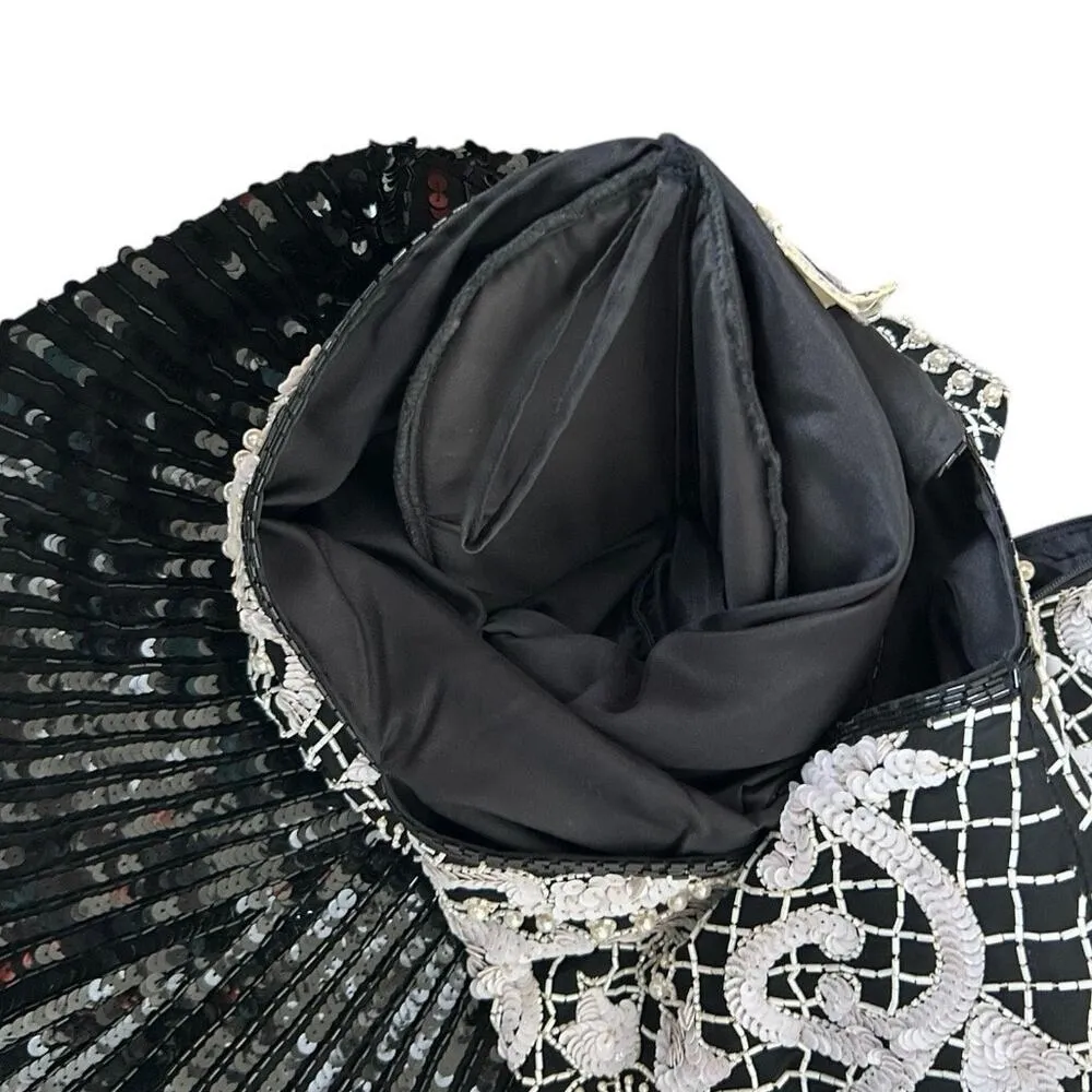 Vintage 80s Beaded Sequined Party Cocktail Mini Dress Carina Black White M Glam Size M - Image 3