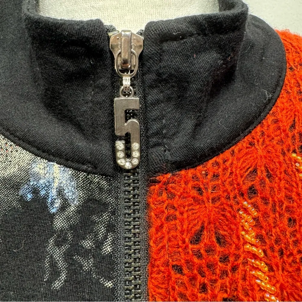 Vintage Music Notes Mixed Media Rhinestones & Beaded Zip Front Cardigan by Adore Orange Size L - Image 11