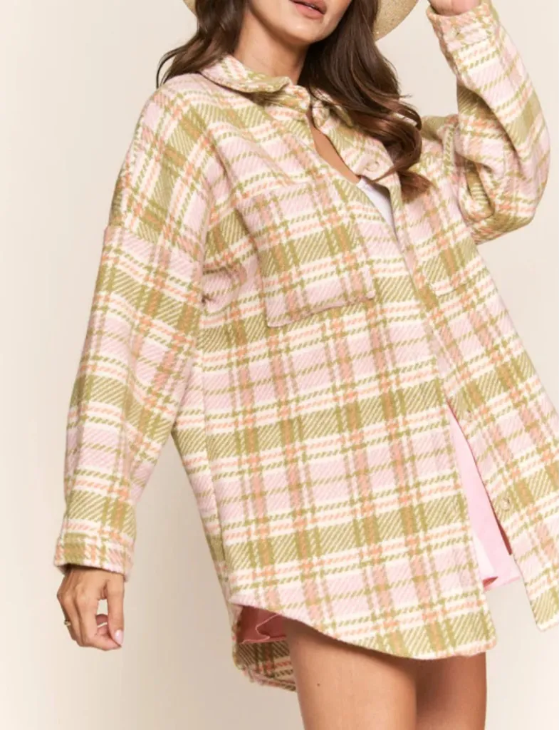 J. NNA Plaid Oversized Shirt Jacket Women’s Pink and Green Soft Sz Medium - Image 1