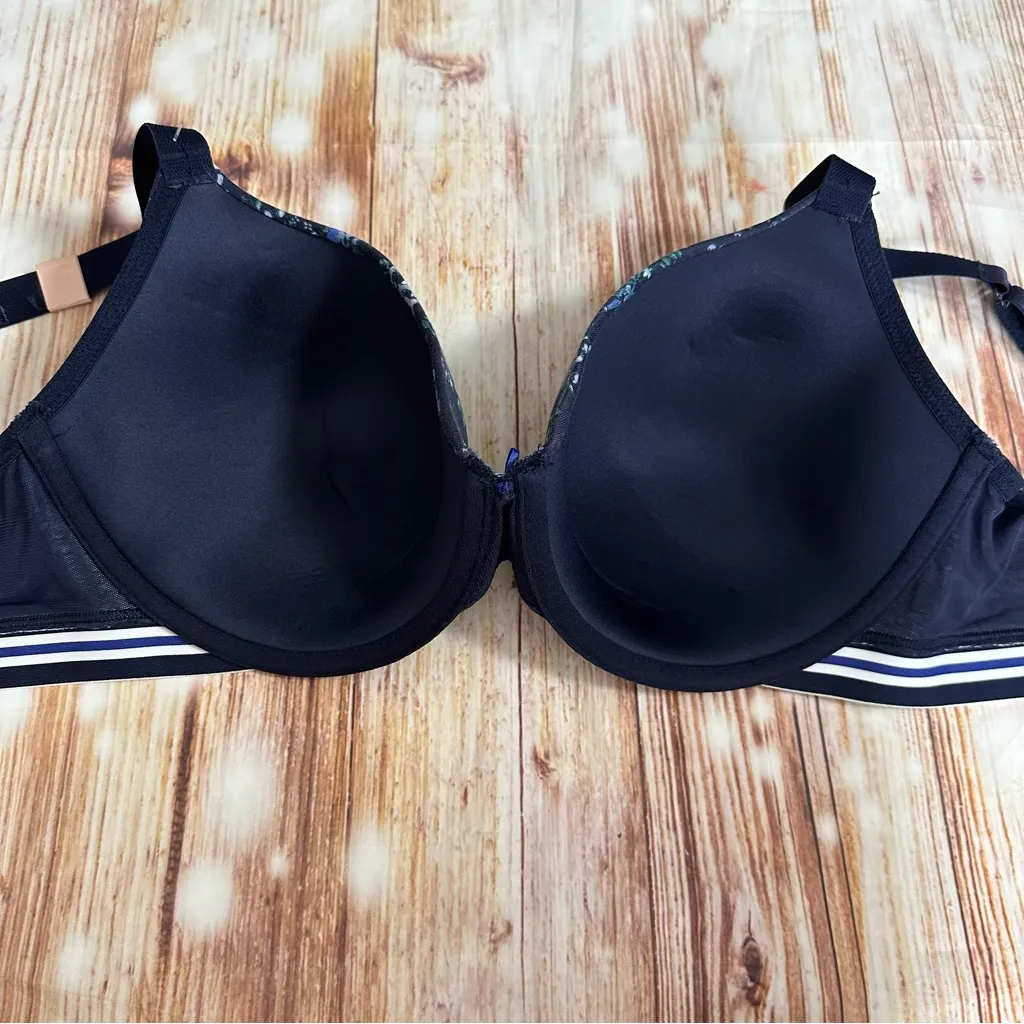Cacique Blue Ditsy Floral Striped Trim Cotton Lightly Lined T-Shirt Bra 38DD - Image 11