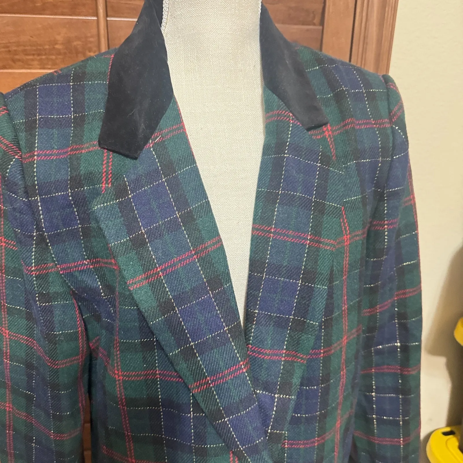 VTG Sag Harbor Wool Plaid Blazer Tartan Navy blue green Jacket Old Money sz 16 - Image 2