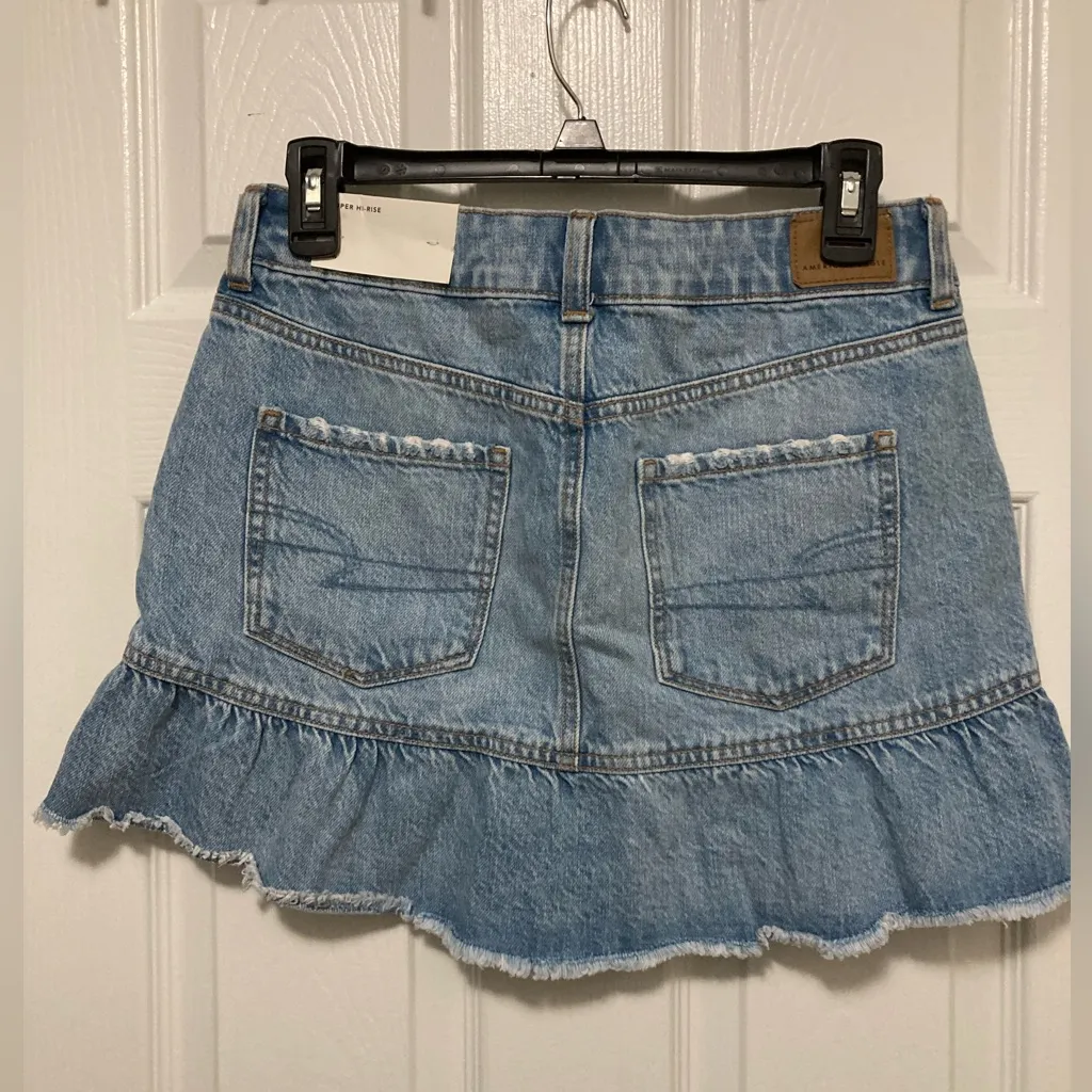 American Eagle New Super High Rise Light Wash Distressed Denim Mini Skirt - Image 7