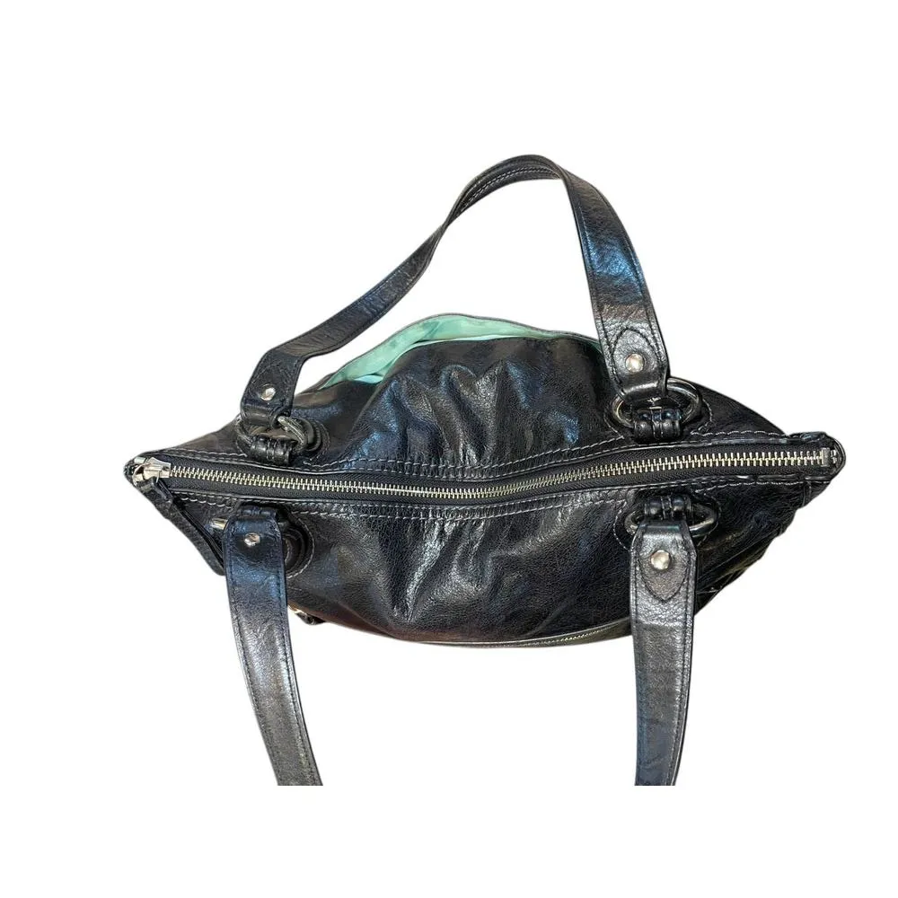 Coach Camelia Black Distressed Leather Shoulder Bag, Silver Hardware Teal Lining - Image 9
