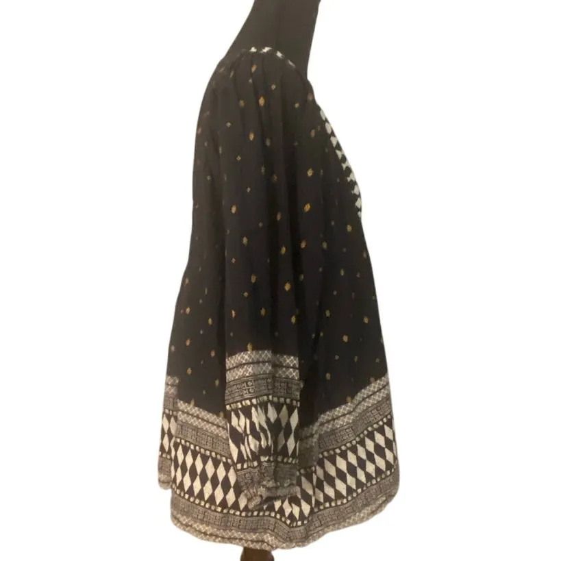World‎ Market Boho Peasant Tunic Top S/M Black Gold Geometric Print Long Sleeve Size M - Image 3