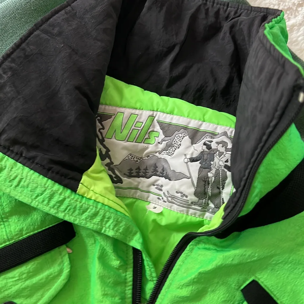 Vintages 80’s Nils Lime Green Black Snowsuit Ski Size 8 - Image 3