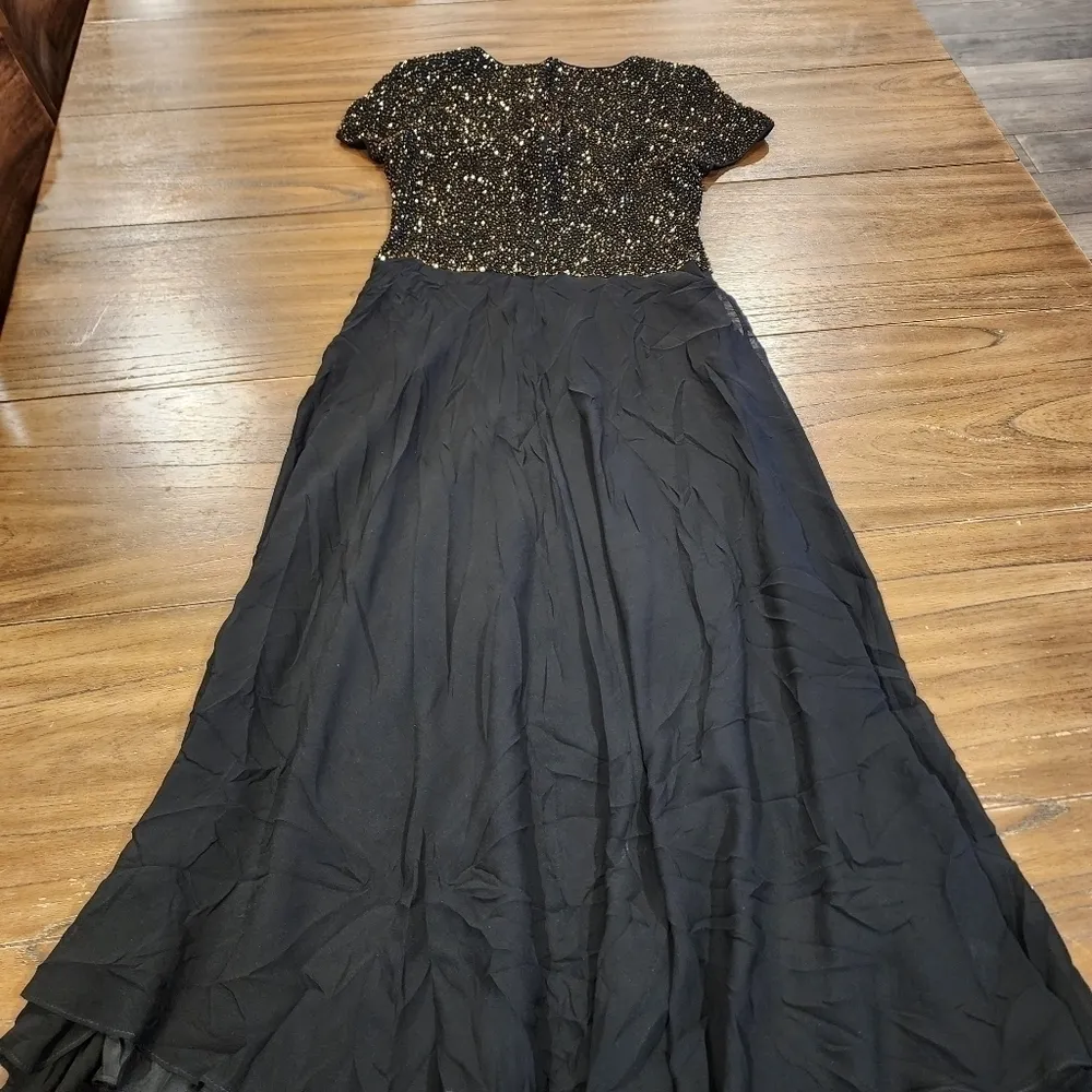 Vintage Bieff Basix Black Silk Short Sleeve Retro gold Beaded Midi Dress 6 - Image 12