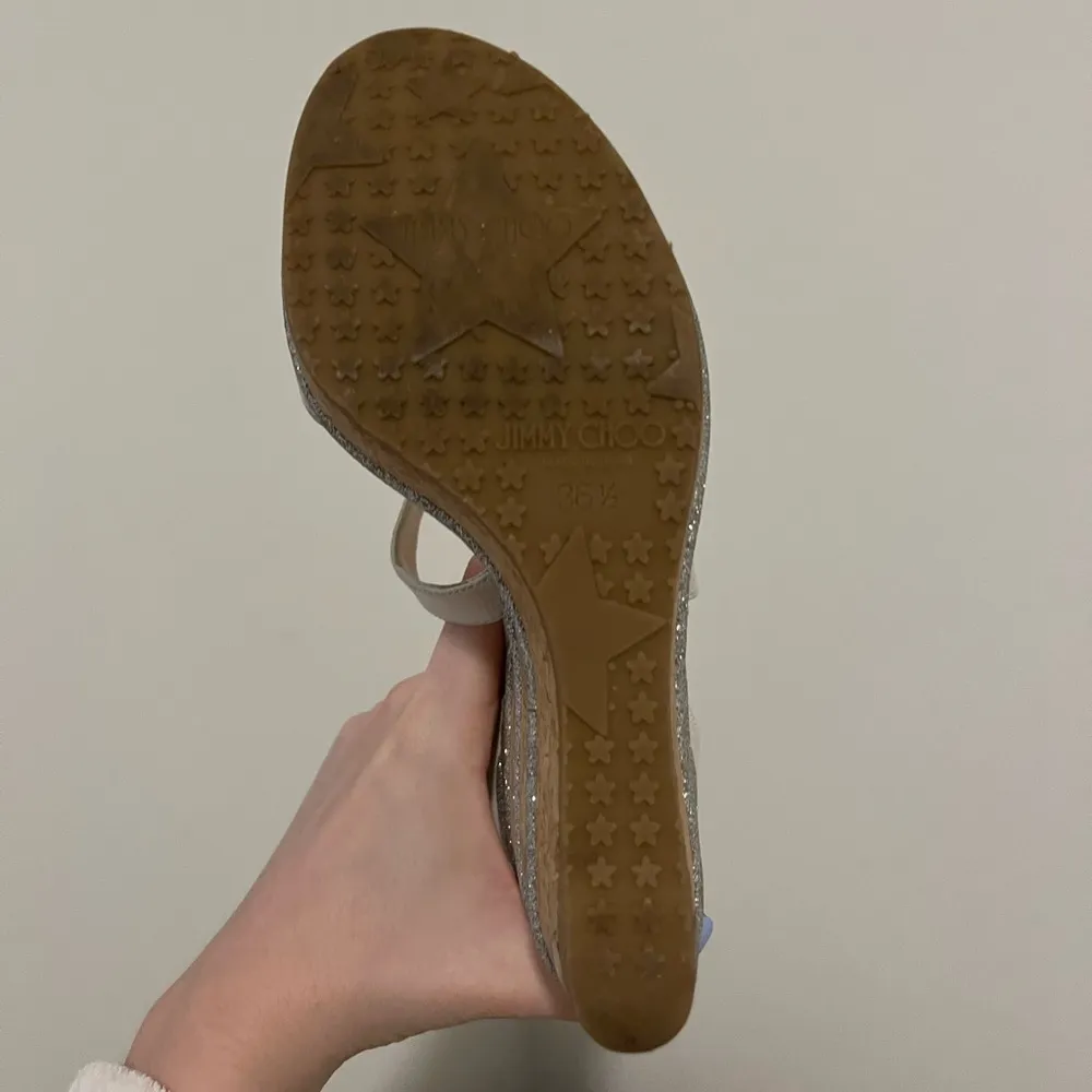 Jimmy Choo Optic White Vacchetta Leather Portia 120 w/ Silver Glitter Cork Wedge - Image 3