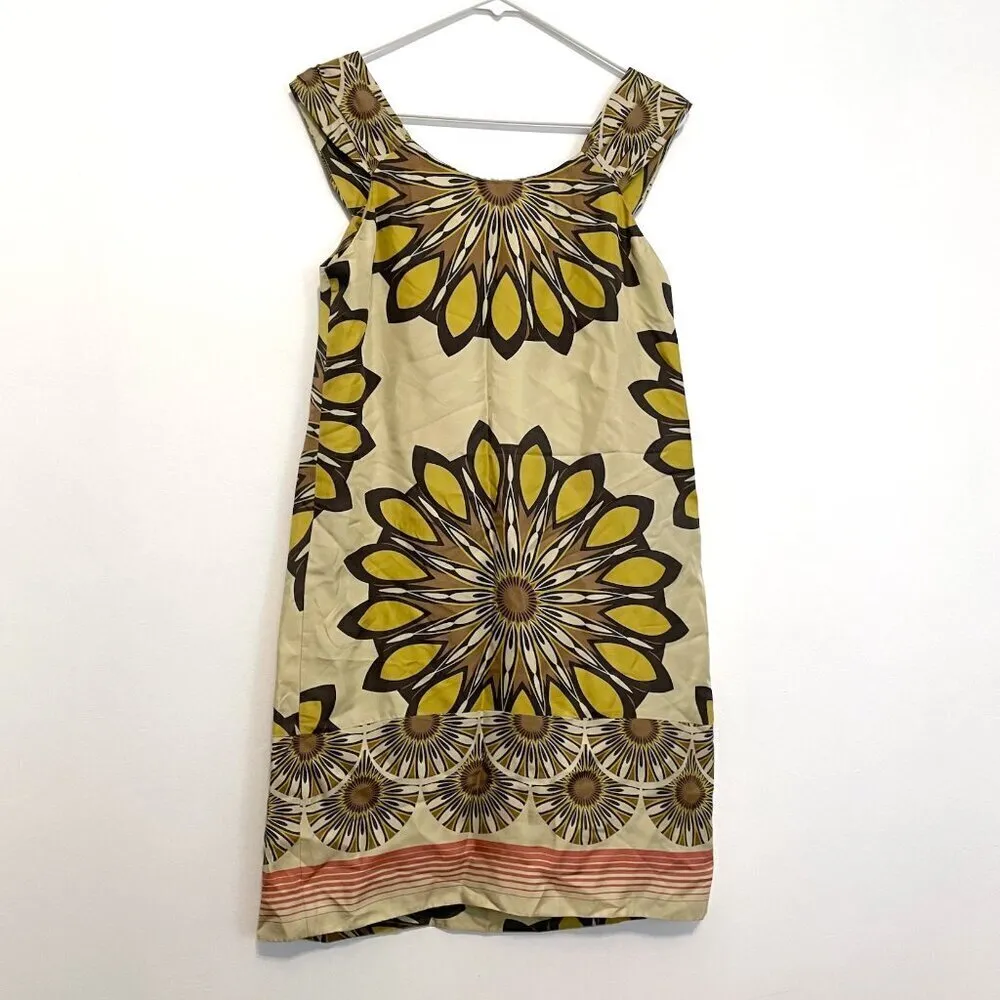 VINCE Golden Gold Mustard Mandala Sunflower Floral 100% SILK Boho Shift Dress M - Image 11