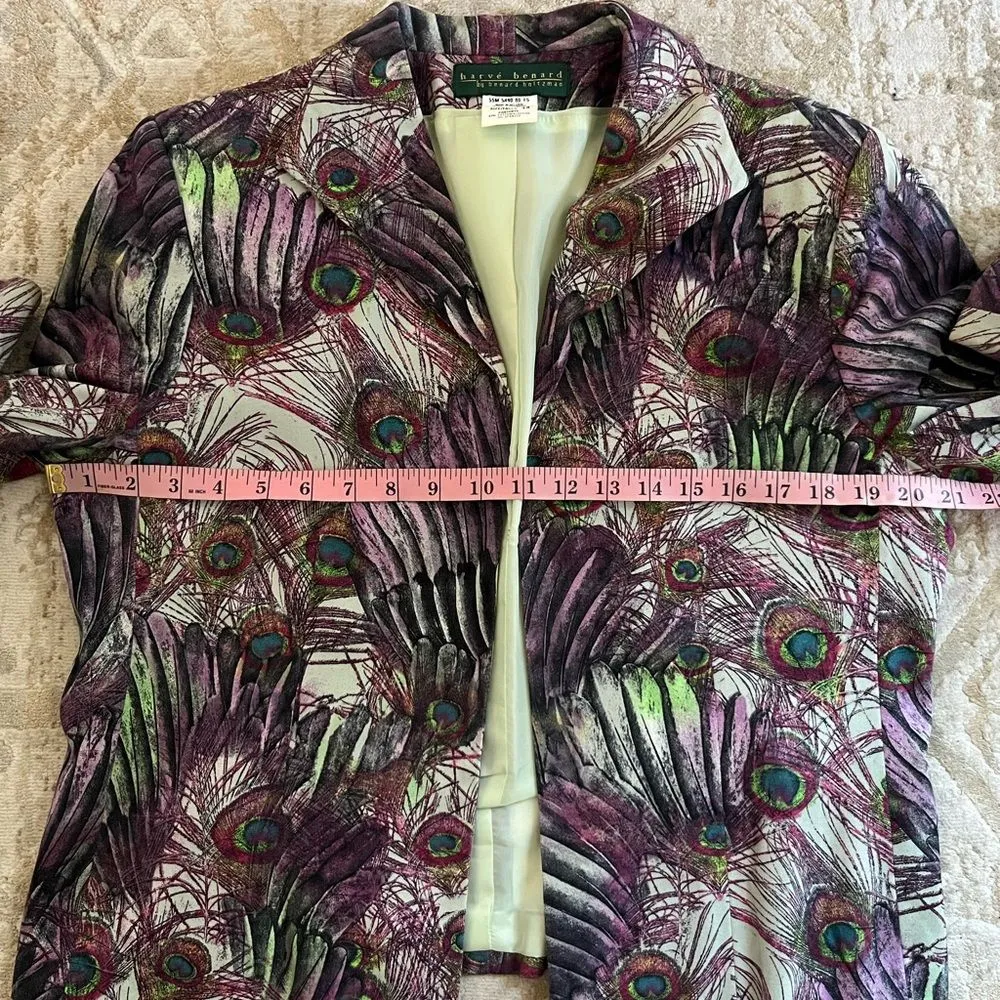 Harvé Benard vintage Peacock Feather Print Blazer Jacket Retro Boho Fall Style Purple Size 12 - Image 7