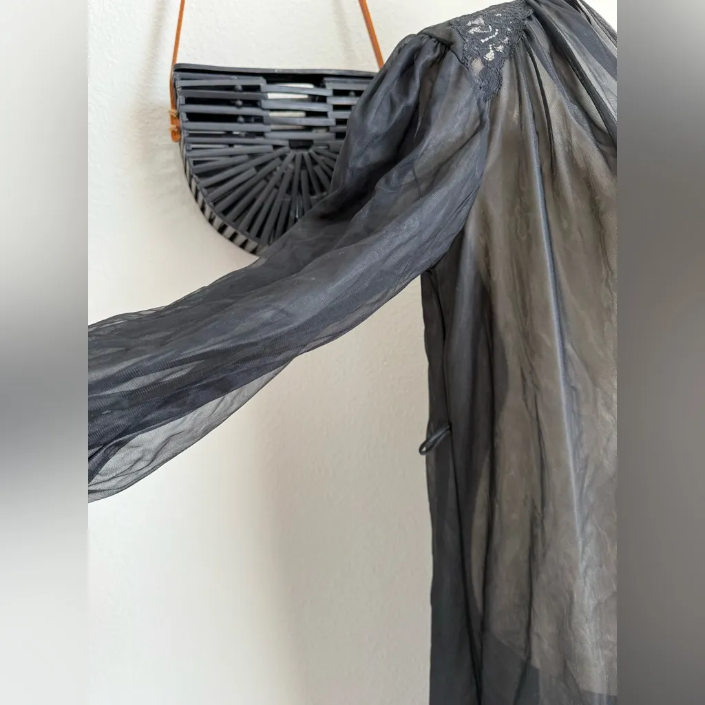 NWT Vintage 1960’s Black Chiffon Sheer Puff Sleeve Intimate Robe, Size Medium - Image 2