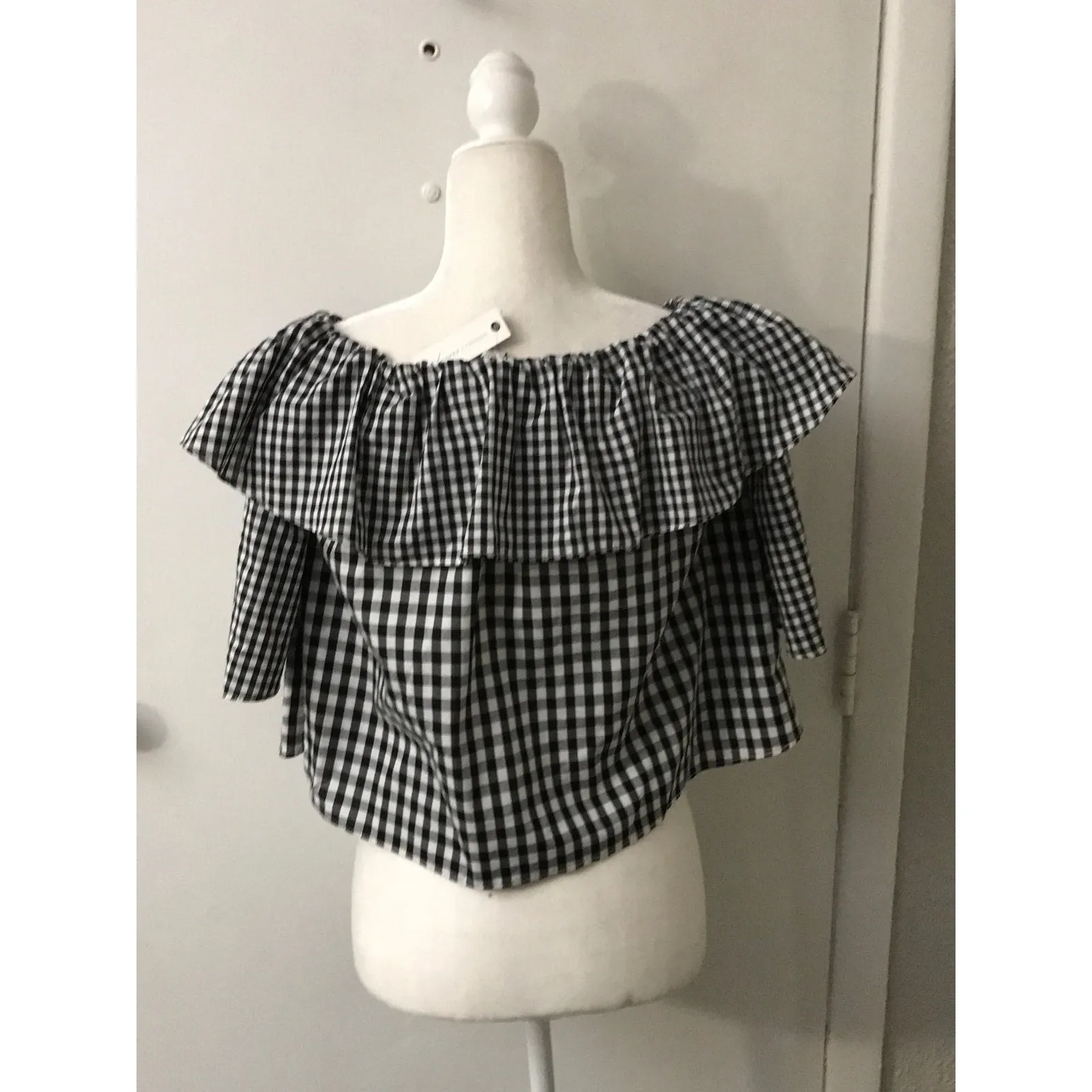 Lovers + Friends Black/White Gingham Off The Shoulder Top NEW XS Peasant Boho - Image 3