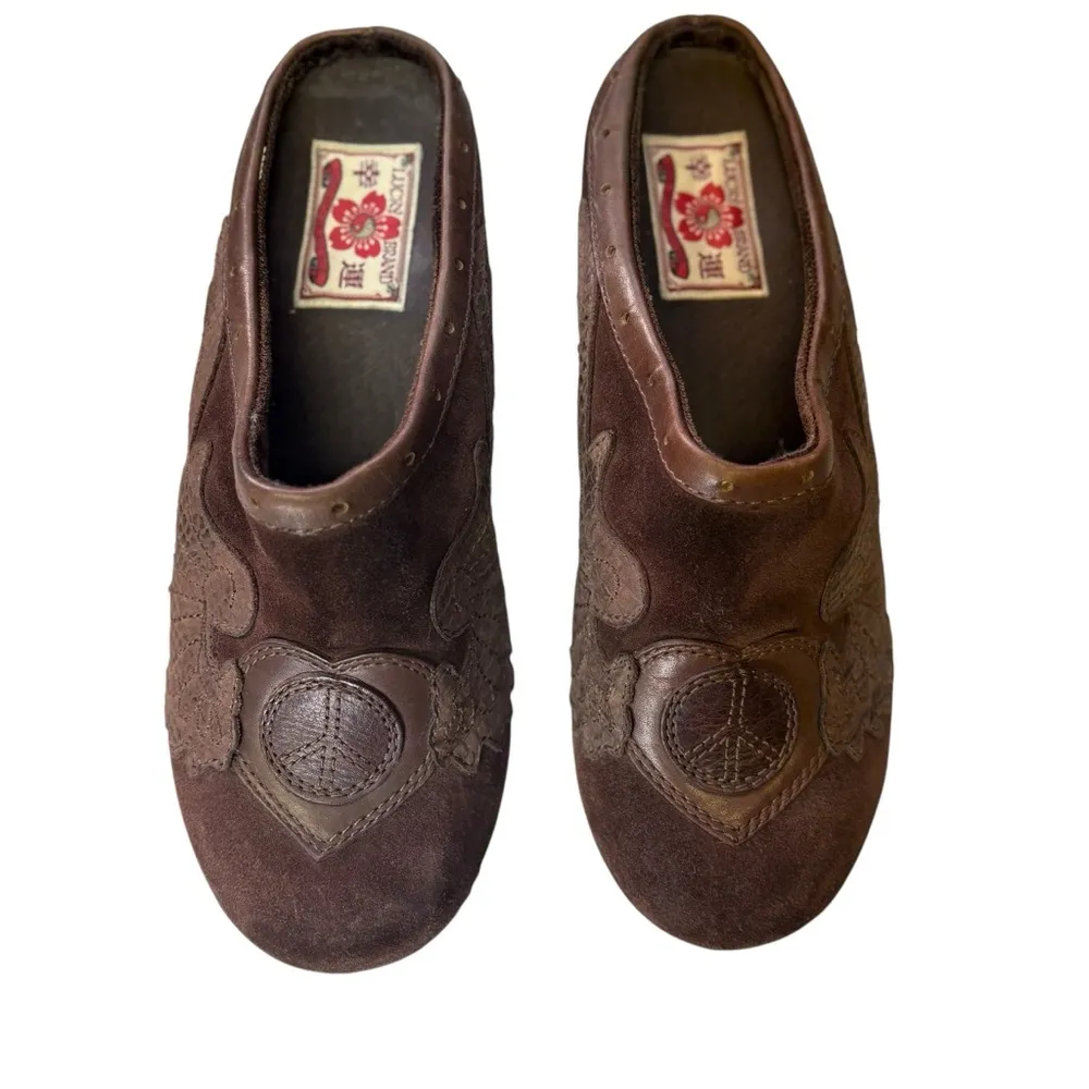 Vintage 90's  Peace Sign Brown Suede Wood Mule Clogs- Women's Size 10 - Image 6