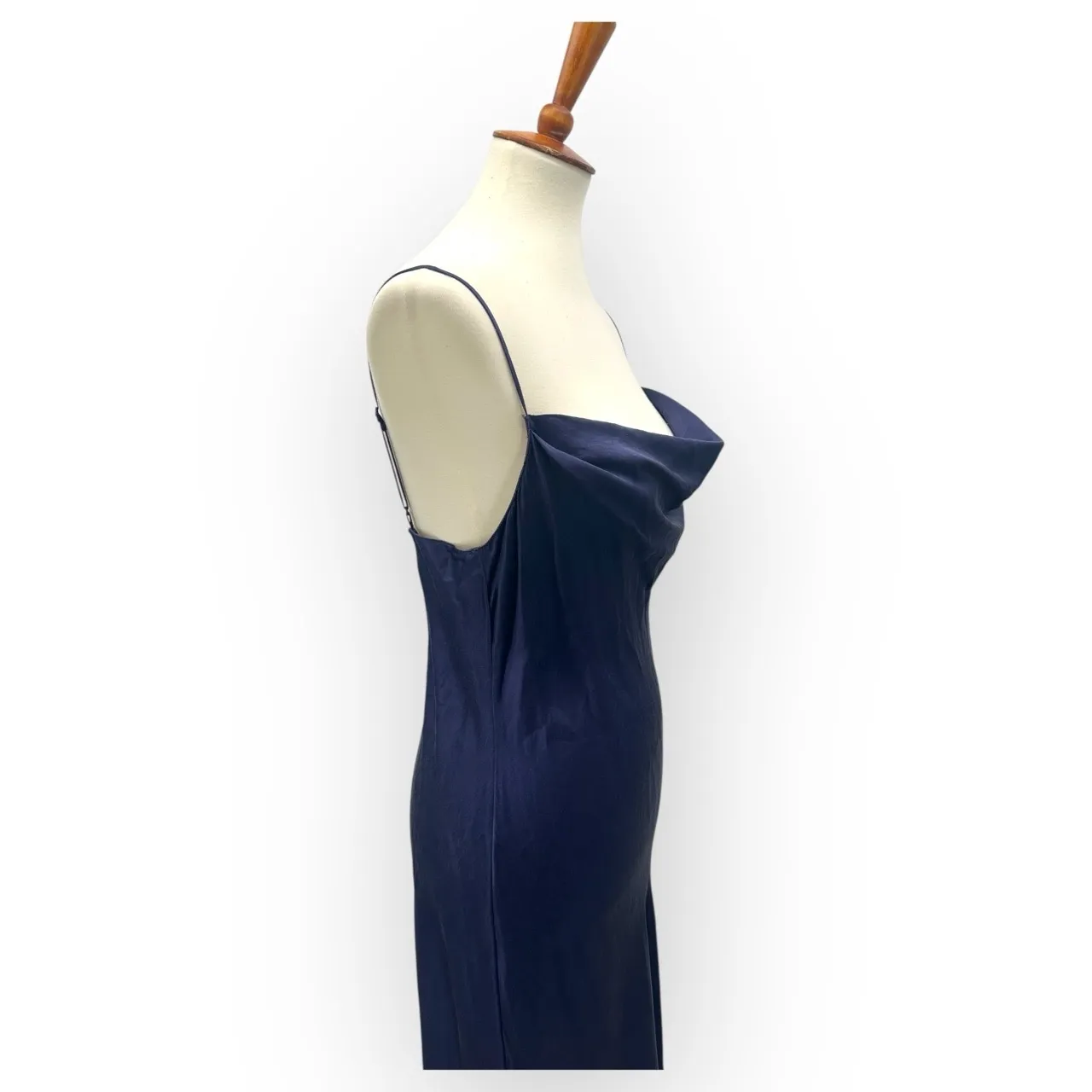 Vintage Victoria's Secret 90's Navy Blue Cowl Neck Spaghetti Silk Slip Dress - Image 11