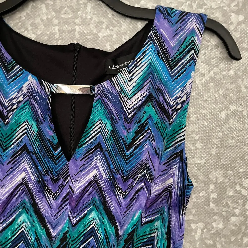 Connected Apparel Blue Chevron Sleeveless Jumpsuit - Size 8 - Silver Neck Accent - Image 2