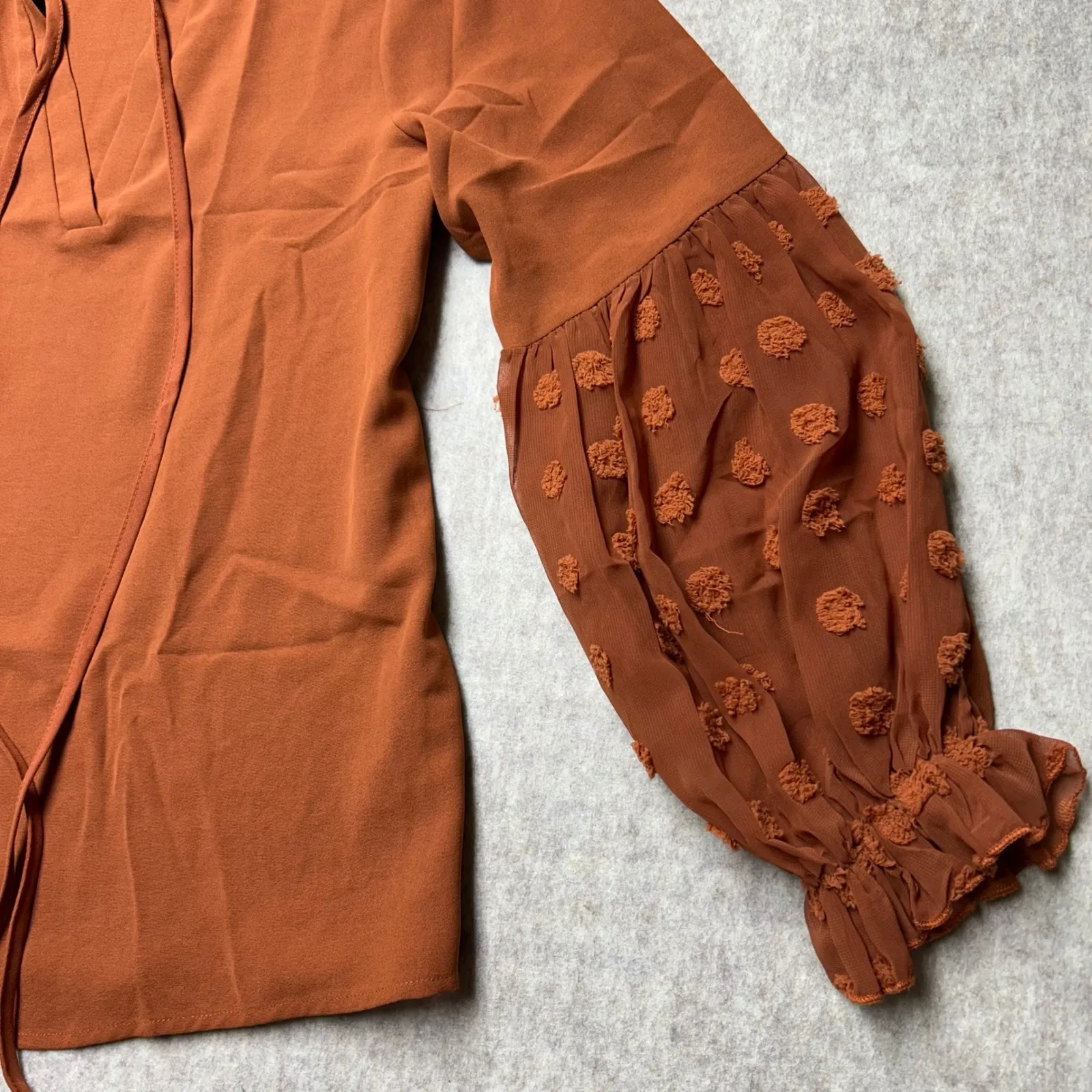 Ruffled Neck Long Sleeve Blouse Pom Pom Detail Women's Top Orange Medium‎ NWOT - Image 2