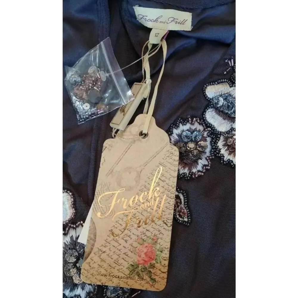 Frock and Frill Gray Mesh Long Sleeve Embroidered Beaded Sequins Modcloth Dress Size 8 - Image 5