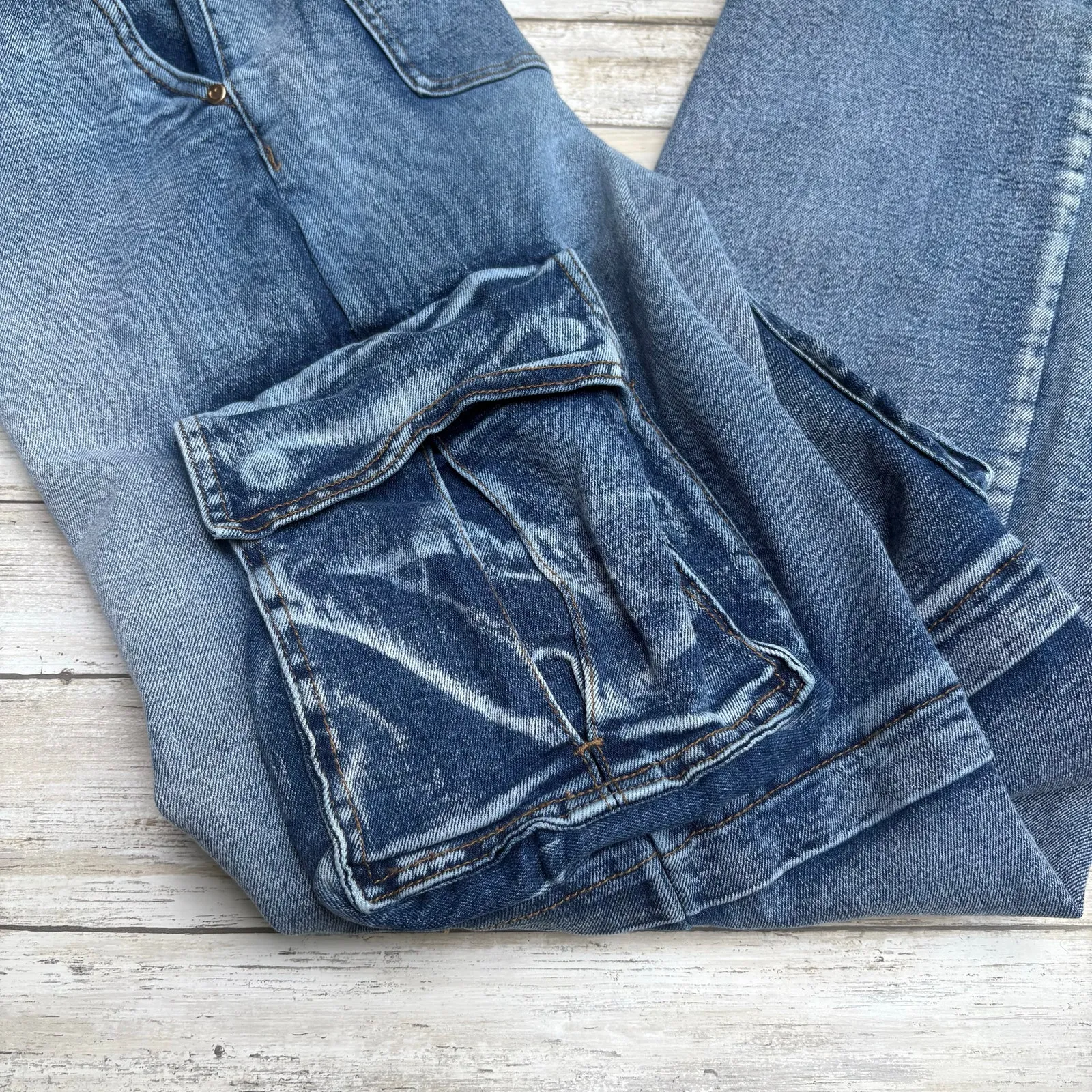 Vibrant MIU Baggy Jeans Sz S Blue Denim Cargo Wide Leg Skater Grunge Emo Y2K - Image 10