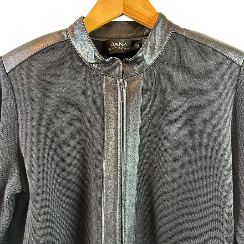 Dana Buchman Women’s Black Merino Wool & Leather Trim Sweater Jacket Size Large - Image 5