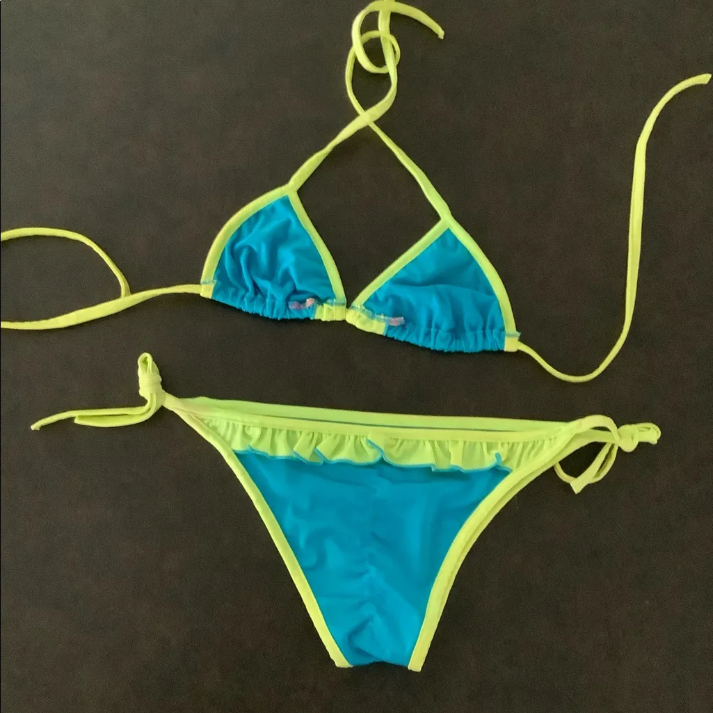 Neon Green Blue ruffle summer bikini set nwt Size M - Image 5