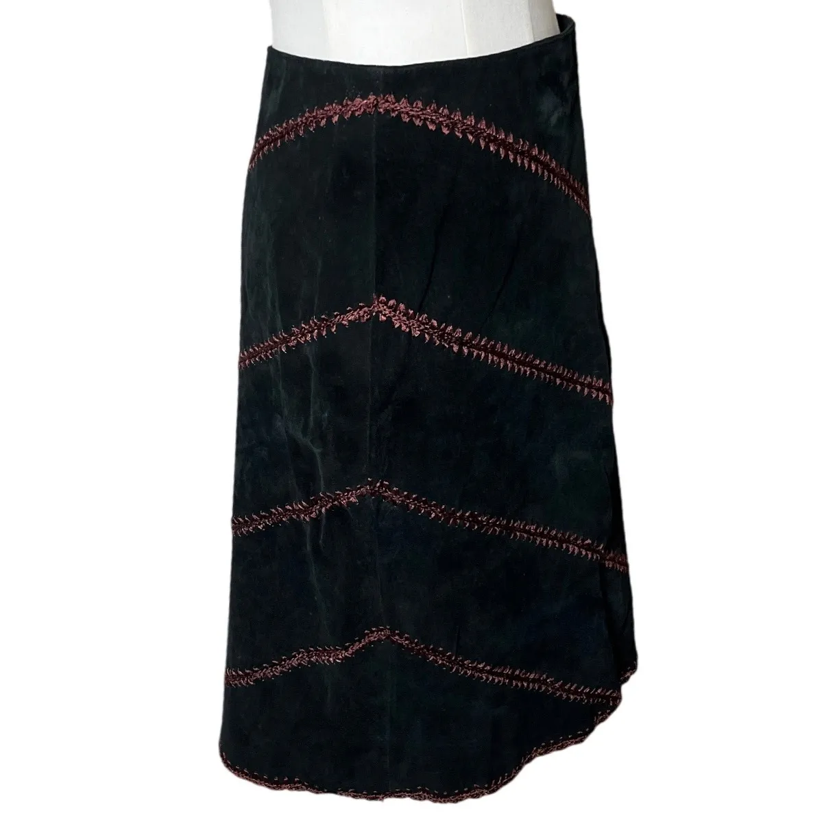 Vintage Karen Kane 100% Leather Suede‎ Skirt Sz 12 Black Embroidered Boho Y2K - Image 2