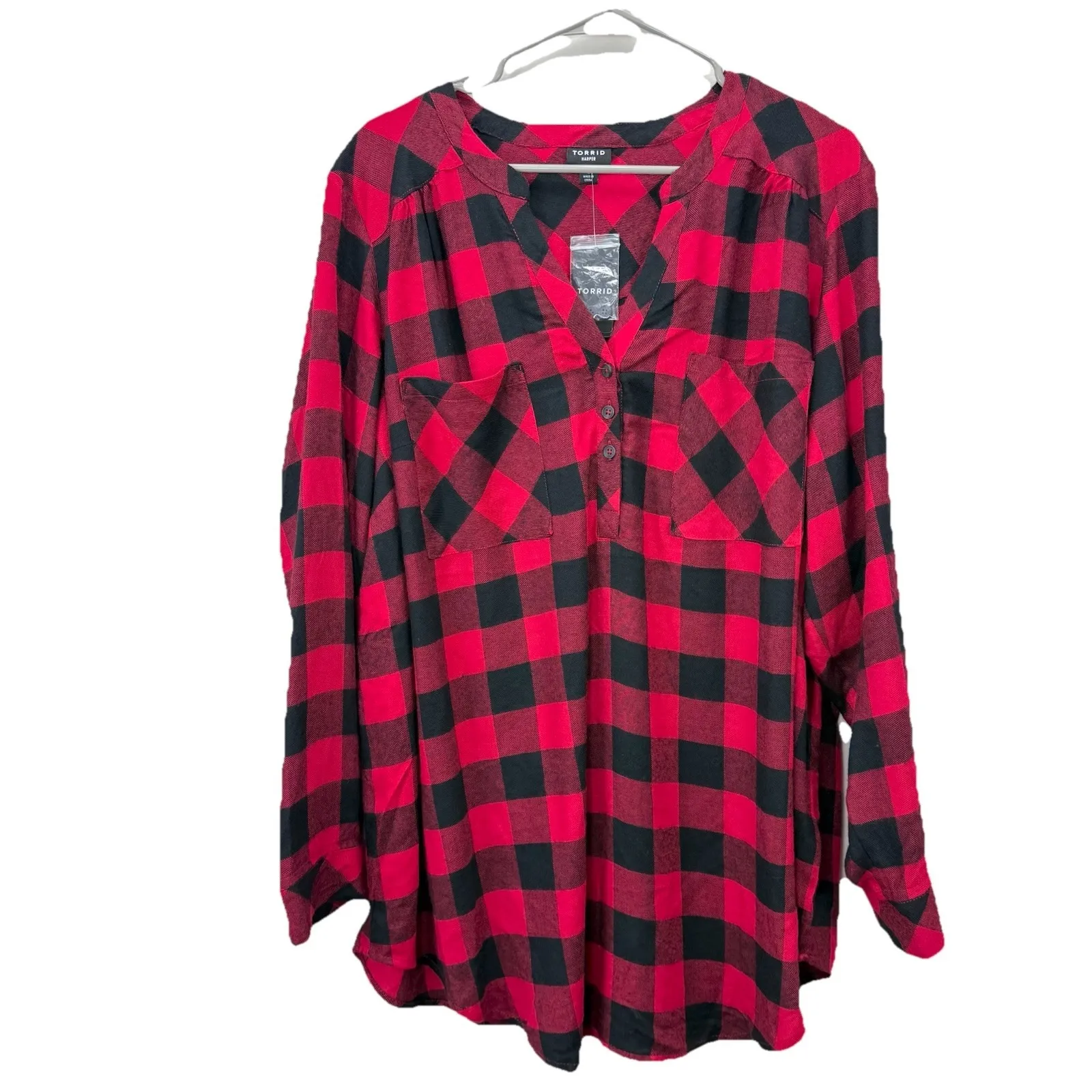Torrid Lizzie Black Red Buffalo Plaid Twill Button Up‎ Long Sleeve Shirt Size 3X - Image 5