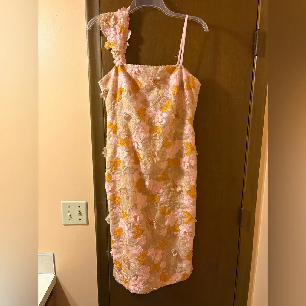 Anthropologie Pink Floral Appliqué Midi Dress - Image 5