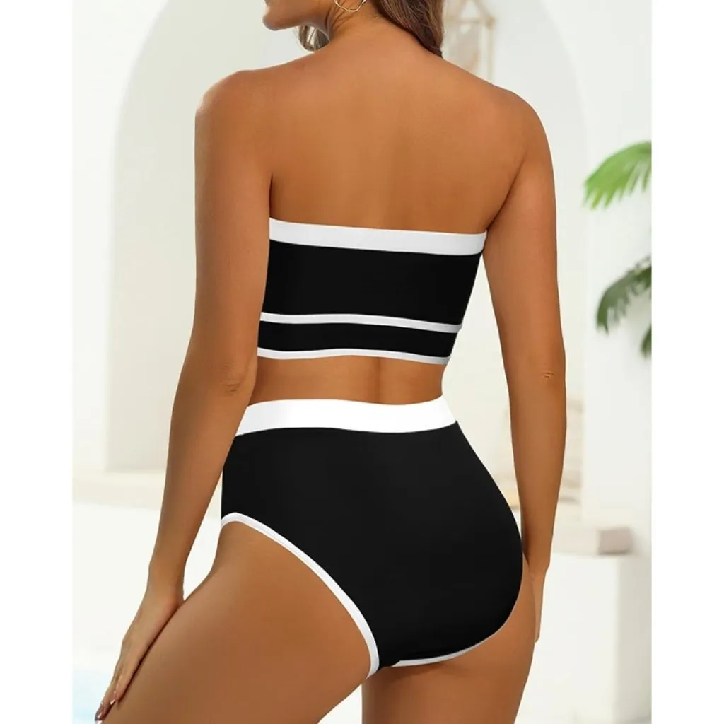 Yonique Bandeau Bikini Strapless Swimsuit Two Piece High Waisted MEDIUM Black - Image 3