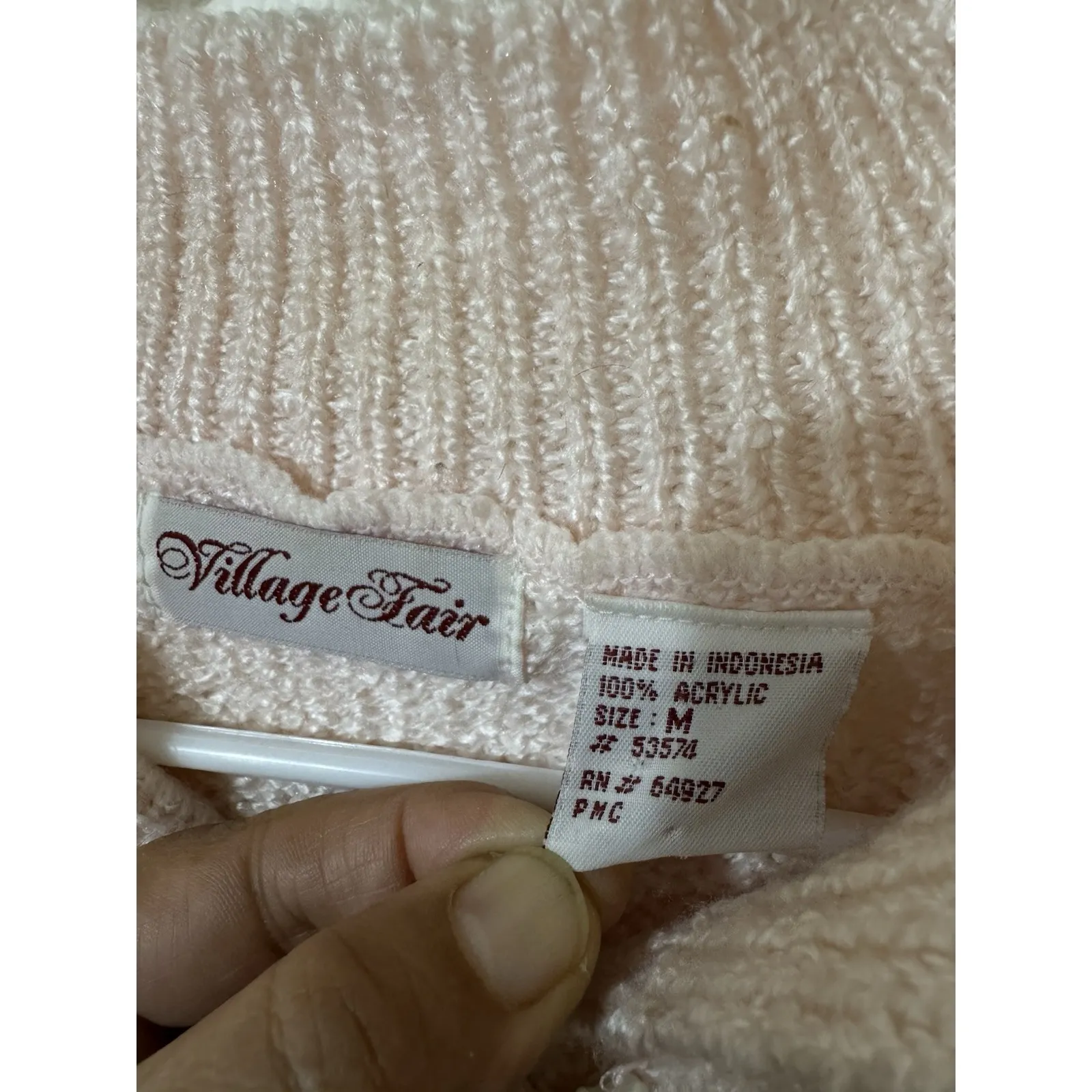 Vintage 80s Village Fair Sweater Women's Mockneck‎ PEARL Buttons Baby Pink M Size M - Image 3
