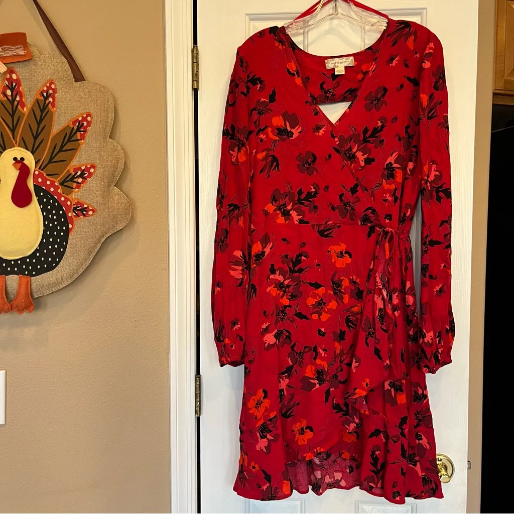 Band Of Gypsies Wrap Floral Dress Red Large Ruffle Peasant Long Sleeve Western - Image 3