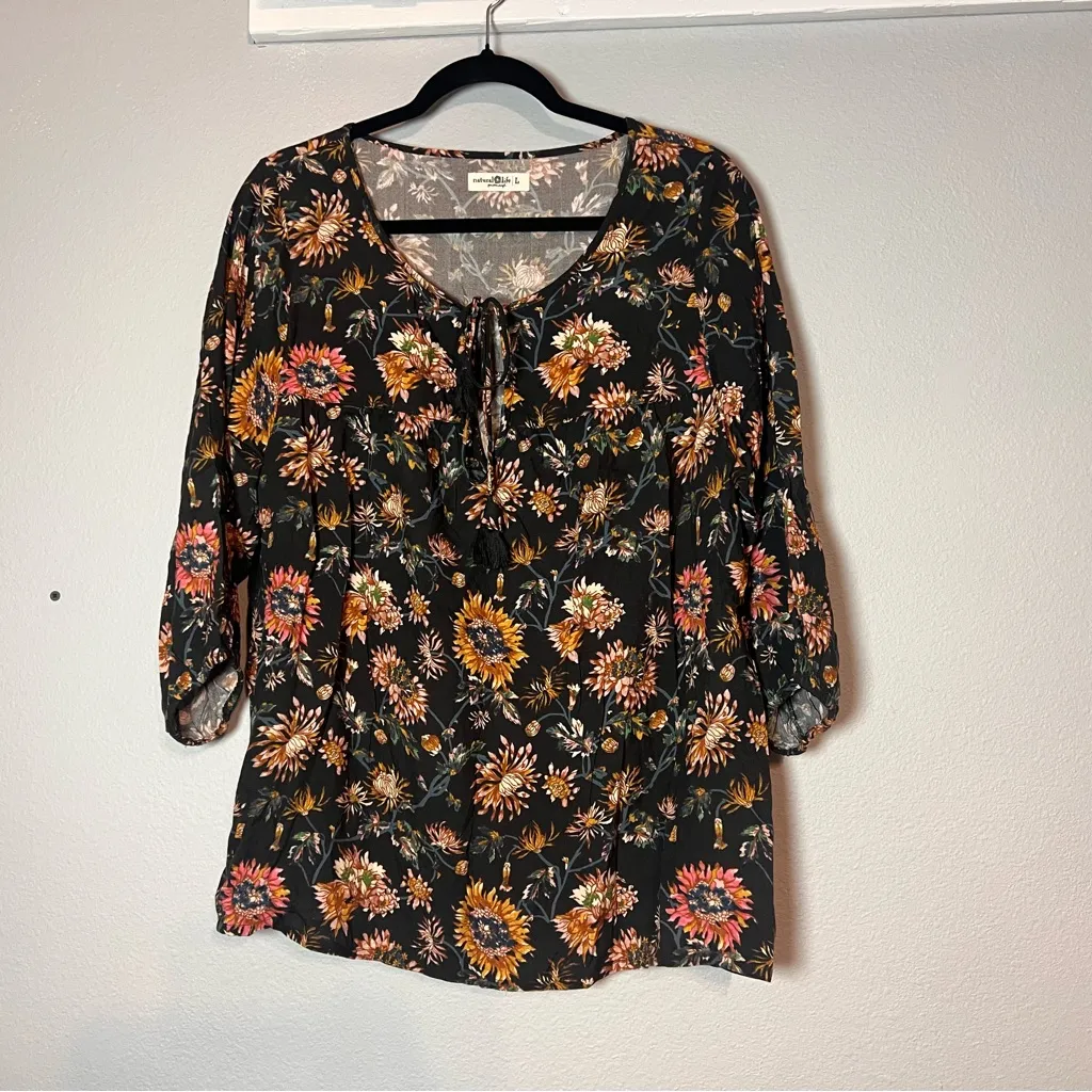 Natural Life Maribel Peasant Top Blouse Black Floral 3/4 Sleeves Size Large Boho - Image 5