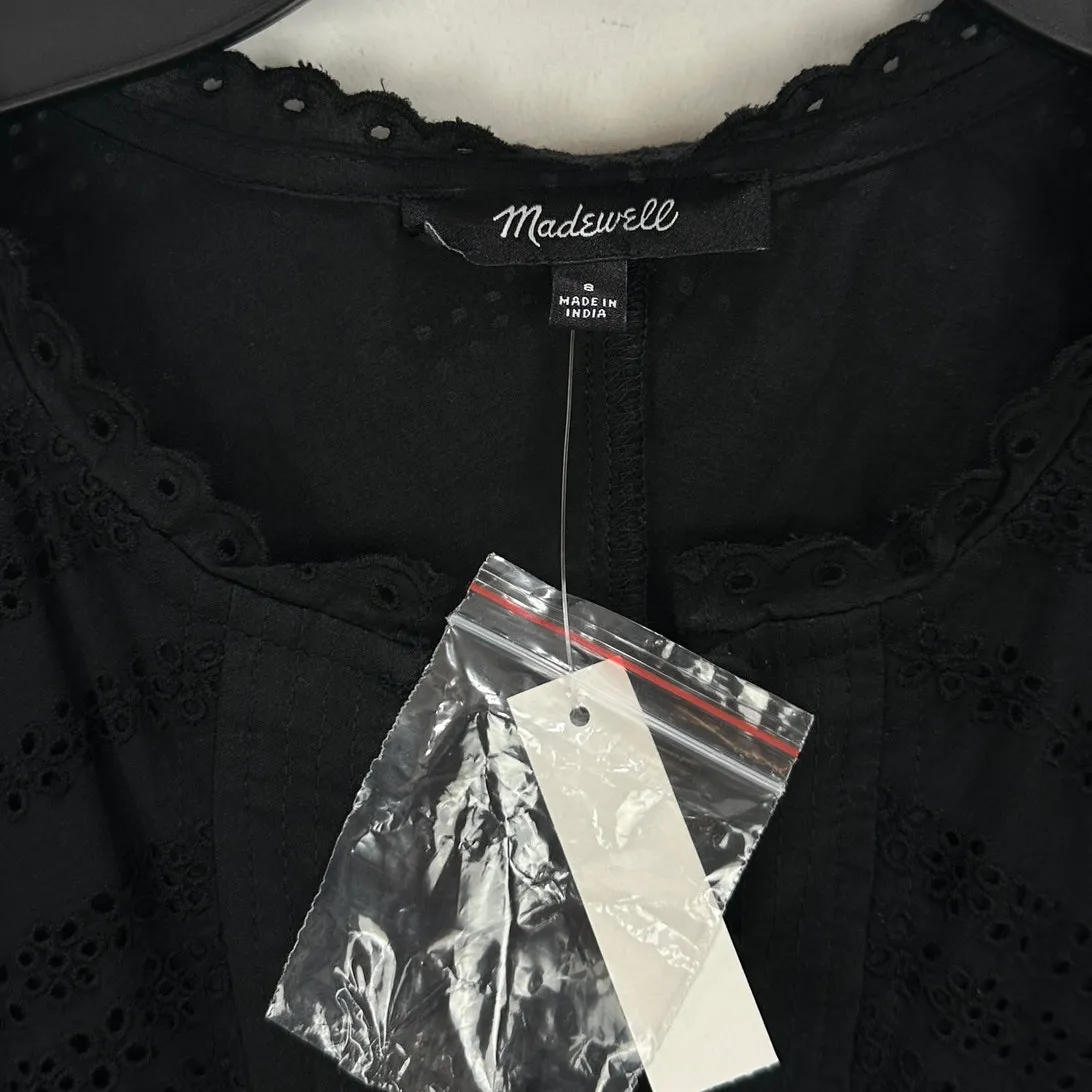 Madewell Eyelet Flutter Sleeve Mini Dress Cotton Boho Cottage Jet Black US 8 NWT - Image 9