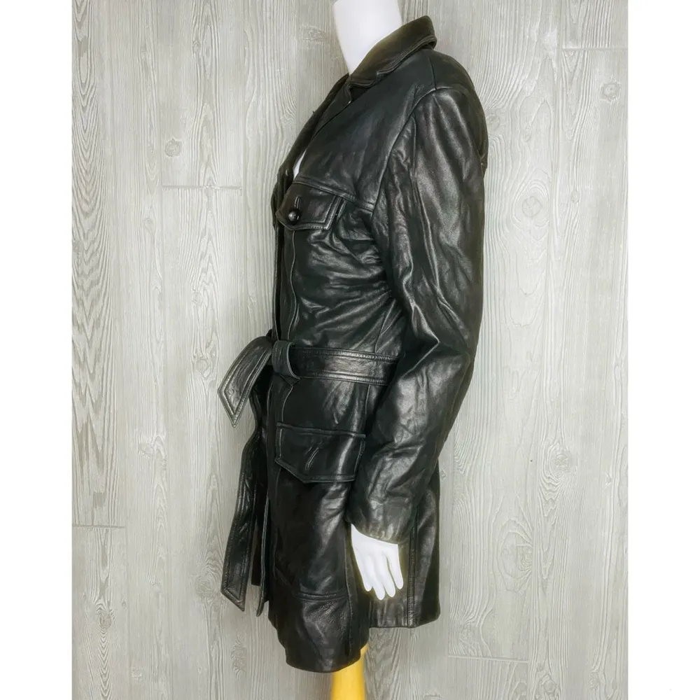 Black vintage guess leather belted jacket with pockets long sleeve winter coat L - Image 10