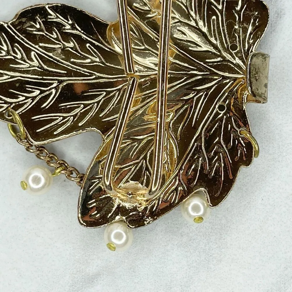 Vintage Gold Tone Faux Pearl Beaded Leaf Belt Buckle Piece - Image 8
