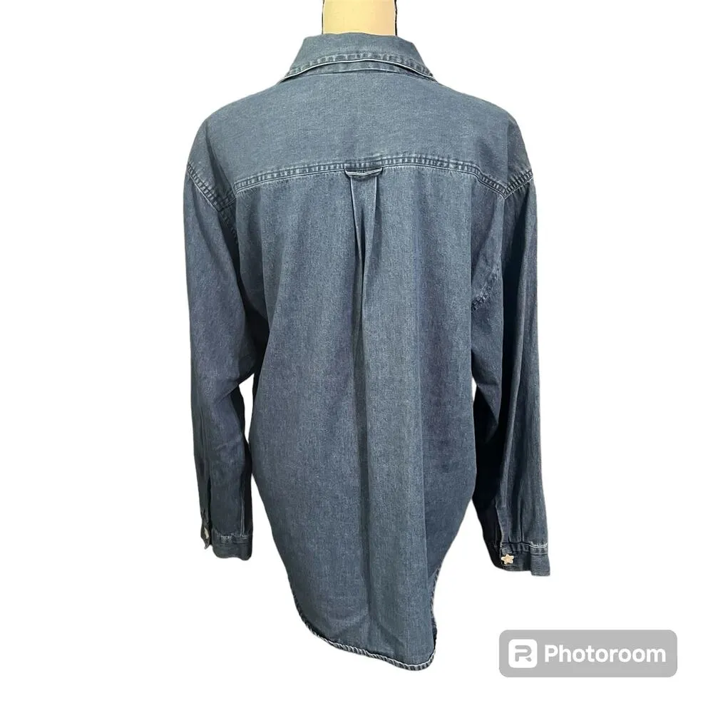 Carolina Blues | Women's Embroidered USA America Flag Denim Shirt Sz XL - Image 3